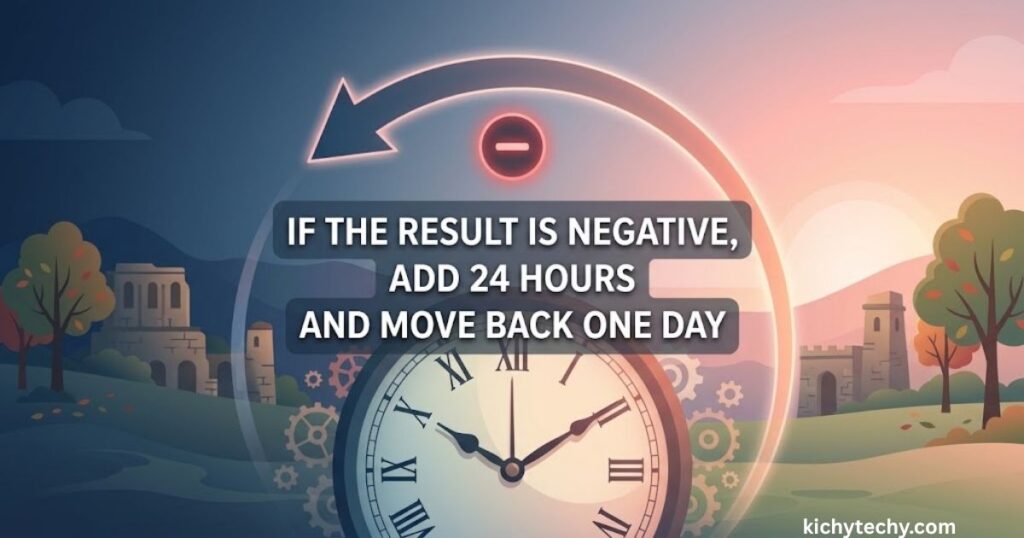 If the result is negative, add 24 hours and move back one day